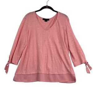 Sanctuary Linen Blouse Top Size L Pink Mayari 3/4 Tie Sleeves Slub Knit Stretch